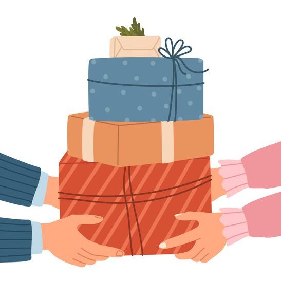 Two pairs of hands exchanging a stack of wrapped holiday gifts, symbolizing workplace gift giving and seasonal appreciation.