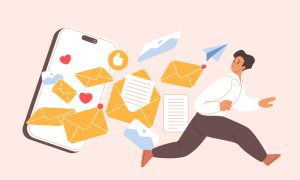 Illustration of a person running from a smartphone overflowing with emails, messages, documents, and social media icons, symbolizing digital overwhelm.