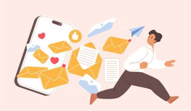 Illustration of a person running from a smartphone overflowing with emails, messages, documents, and social media icons, symbolizing digital overwhelm.