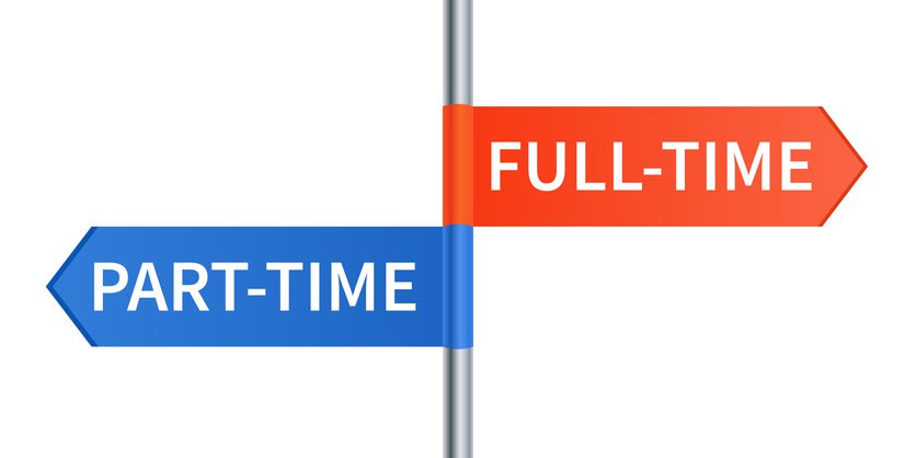 Directional signpost with two arrows pointing in opposite directions—left arrow is blue and labeled "PART-TIME," right arrow is red and labeled "FULL-TIME"—symbolizing a choice between part-time and full-time employment.