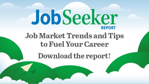 Illustration featuring green paper airplanes flying among white clouds against a blue sky. Text reads: “Job Seeker Report. Job Market Trends and Tips to Fuel Your Career. Download the report!