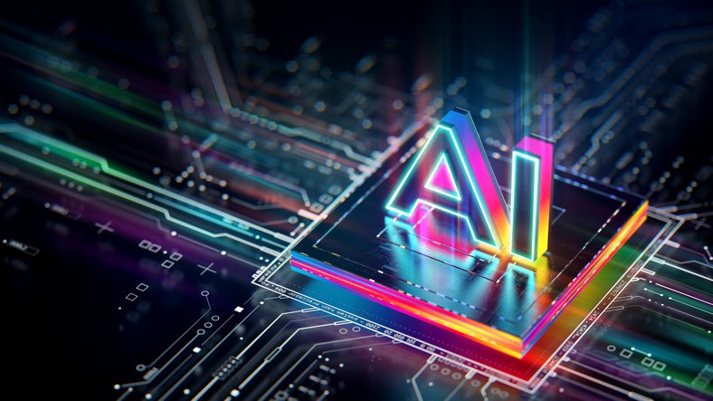 A colorful, glowing “AI” chip sits on top of a digital circuit board, representing advanced artificial intelligence technology.