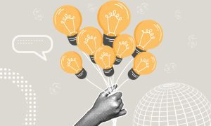 Illustration of a hand holding a bunch of light bulbs like balloons against a gray background. The light bulbs are bright orange with black bases, symbolizing ideas or creativity. Surrounding elements include a speech bubble, dollar signs, dotted patterns, and a wireframe globe, giving the image a modern, conceptual design.