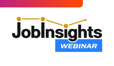 Illustration featuring the Job Insights Webinar logo. The logo includes a yellow line graph above the words “JobInsights” and a blue box containing the word “WEBINAR.” A gradient bar in orange, pink, and purple appears at the top edge.