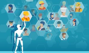 Illustration of a white robot pointing toward a grid of hexagons displaying diverse illustrated workers. The workers include male‑ and female‑presenting characters in various uniforms such as construction gear, medical attire, business suits, aviation uniforms, and culinary outfits. The background features abstract world map shapes and hexagonal patterns.