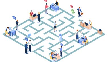 Illustration of an office maze with male‑ and female‑presenting workers of varied hair colors and clothing styles positioned around and inside the maze. Some sit at desks with computers, others stand talking, walking, or holding documents. Speech bubbles and small office icons appear around the scene.