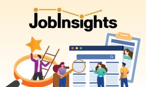 Illustration with the word “Job Insights” at the top, styled with a line graph and dots above the text. Below, illustrated people interact with job‑related icons, including a magnifying glass, a ladder with a star, a webpage with profiles, and a clipboard with documents.