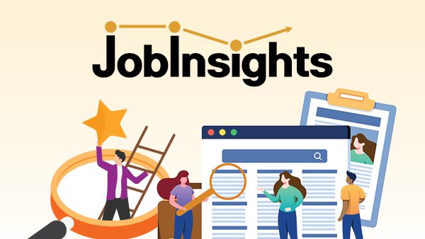 Illustration with the word “Job Insights” at the top, styled with a line graph and dots above the text. Below, illustrated people interact with job‑related icons, including a magnifying glass, a ladder with a star, a webpage with profiles, and a clipboard with documents.