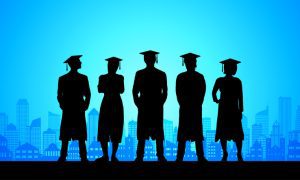 Graduates in the city silhouette.