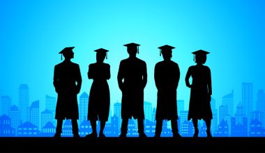 Graduates in the city silhouette.