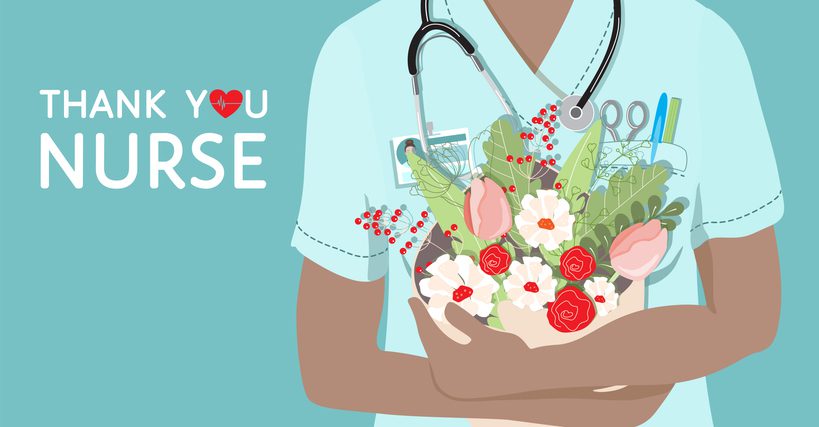 •	Thank you, Nurse- appreciation quote, gratitude. Close-up of a nurse holding a bouquet of flowers. Scrub top, uniform, stethoscope, badge, scissors, pen, heart.