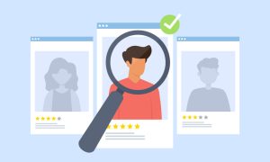 Illustration showing three profile cards with illustrated adults; the center card features a male-presenting person wearing a coral shirt, highlighted by a magnifying glass and a green checkmark, while two faded profile cards with star ratings appear behind, suggesting candidate selection or hiring.