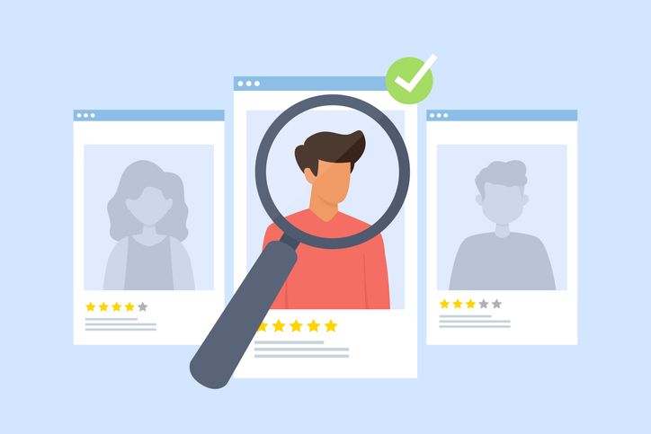 Illustration showing three profile cards with illustrated adults; the center card features a male-presenting person wearing a coral shirt, highlighted by a magnifying glass and a green checkmark, while two faded profile cards with star ratings appear behind, suggesting candidate selection or hiring.
