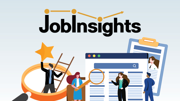JobInsights infographic with a rising line chart and small illustrations of people doing job‑related tasks.