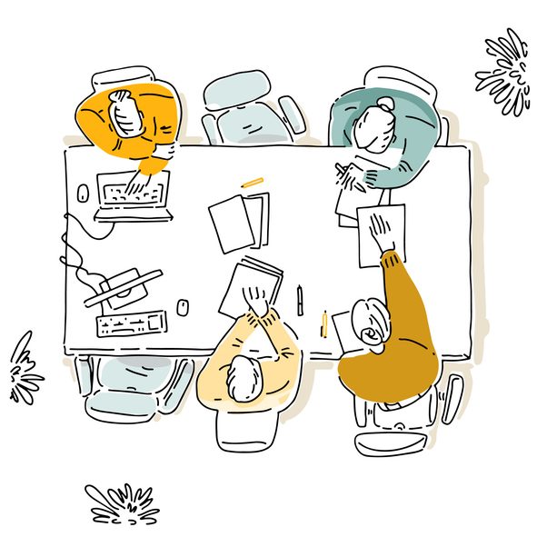 Illustration: top-down view of four adults (men and women) seated around a table collaborating, wearing casual tops in yellow, teal, and neutral tones, writing on papers with pens and laptops nearby.