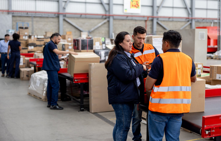Photo: three adults (two men and one woman) wearing safety vests—two in orange high-visibility vests and one in a dark jacket—standing and talking in a warehouse near a conveyor with boxes; other workers sort packages in the background.
