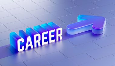 3D-rendered concept featuring the word "CAREER" with an upward arrow on a blue background, symbolizing professional growth and success. Ideal for business professionals, career coaches, and students, this illustration is perfect for presentations that emphasize career advancement, motivation, and leadership, with a modern design.