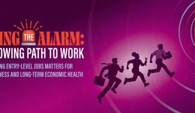 Illustration banner with purple and magenta gradient background, concentric target rings, and three silhouetted workers running toward a central goal. Text reads: “SOUNDING THE ALARM: THE NARROWING PATH TO WORK” and “WHY PROTECTING ENTRY-LEVEL JOBS MATTERS FOR WORKFORCE READINESS AND LONG-TERM ECONOMIC HEALTH.”