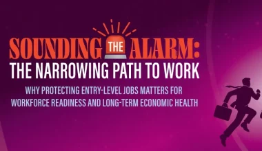 Illustration banner with purple and magenta gradient background, concentric target rings, and three silhouetted workers running toward a central goal. Text reads: “SOUNDING THE ALARM: THE NARROWING PATH TO WORK” and “WHY PROTECTING ENTRY-LEVEL JOBS MATTERS FOR WORKFORCE READINESS AND LONG-TERM ECONOMIC HEALTH.”