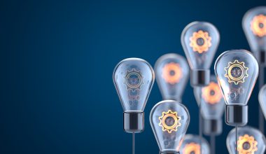 Illustration of glowing gear mechanisms inside transparent light bulbs on a dark blue background, symbolizing innovation, ideas, technology, and problem-solving.
