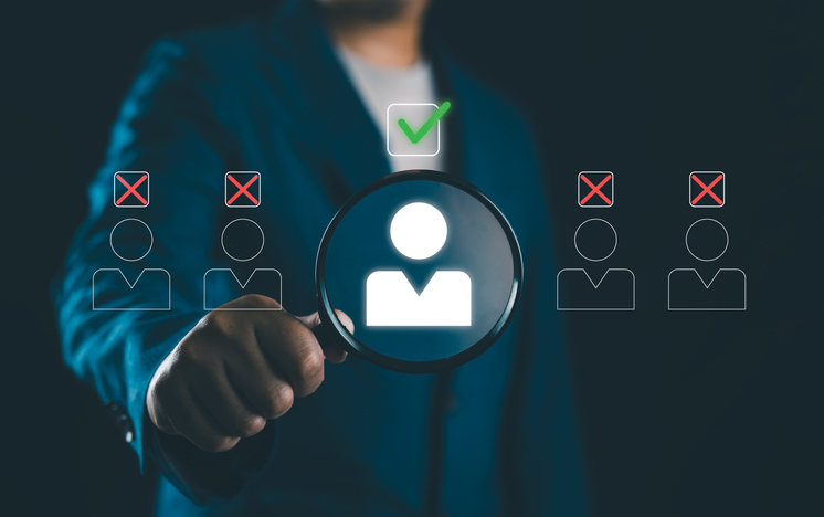 Businessman searching for candidates for recruitment with a virtual interface, showing the HR decision process, hiring strategy, talent selection, and digital human resource management for workforce optimization.
