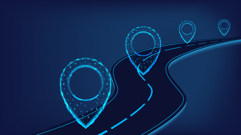Navigation concept. Logistic concept.  Road with polygonal pointers. Blue background. Journey from IT to engineering.