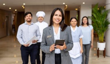 Photo of five hospitality staff standing in a hotel lobby; a person in a gray blazer with a name badge holds a tablet in the foreground, with colleagues behind wearing business attire, a chef’s uniform, and a housekeeping uniform. Large potted plant and softly lit interior in the background.
